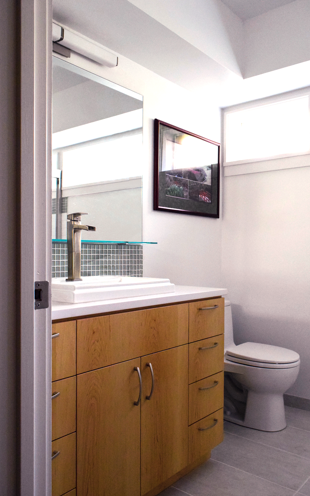 New Basement Bathroom: new windows, new contemporary plumbing fixtures, maple vanity, lighting