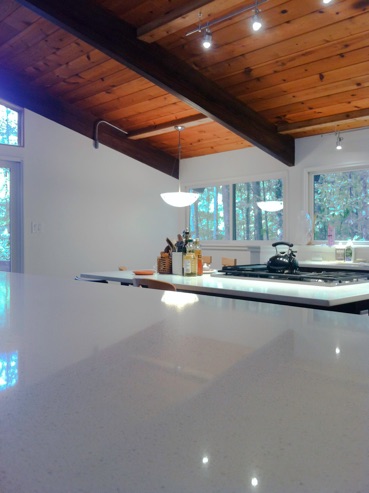 Kitchen Renovation with new quartz countertop, new light fixtures, island