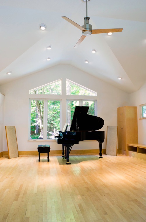 Music Room: acoustic treatment in wall, floor, vaulted ceiling  assembly; new hardwood floors, windows, lighting.